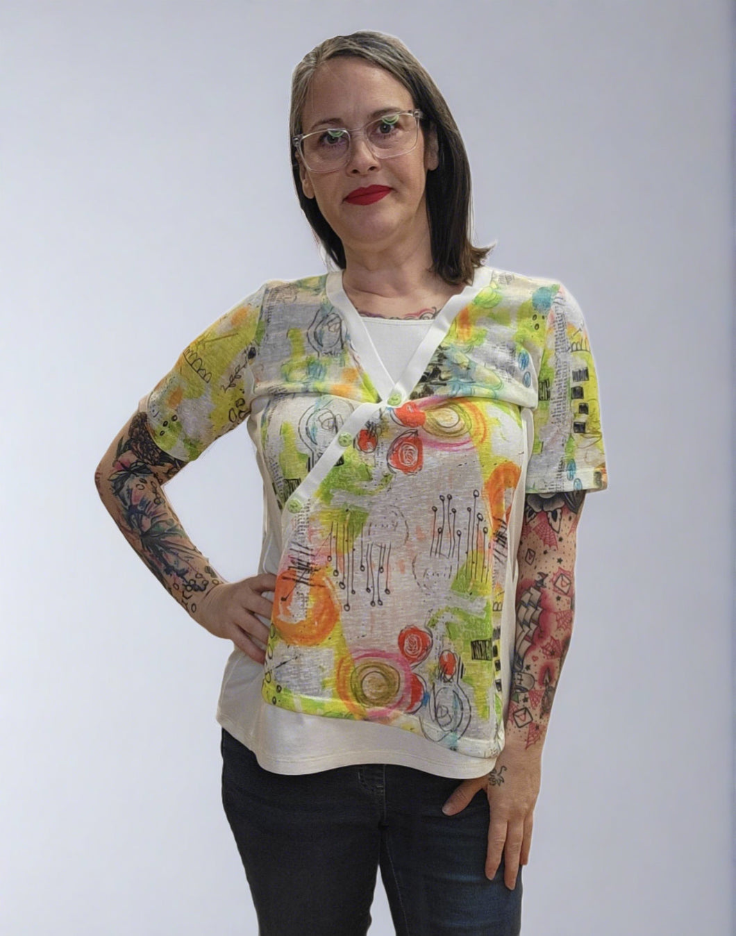 Abstract Print V-Neck T-Shirt  (AVAILABLE IN PLUS SIZES)