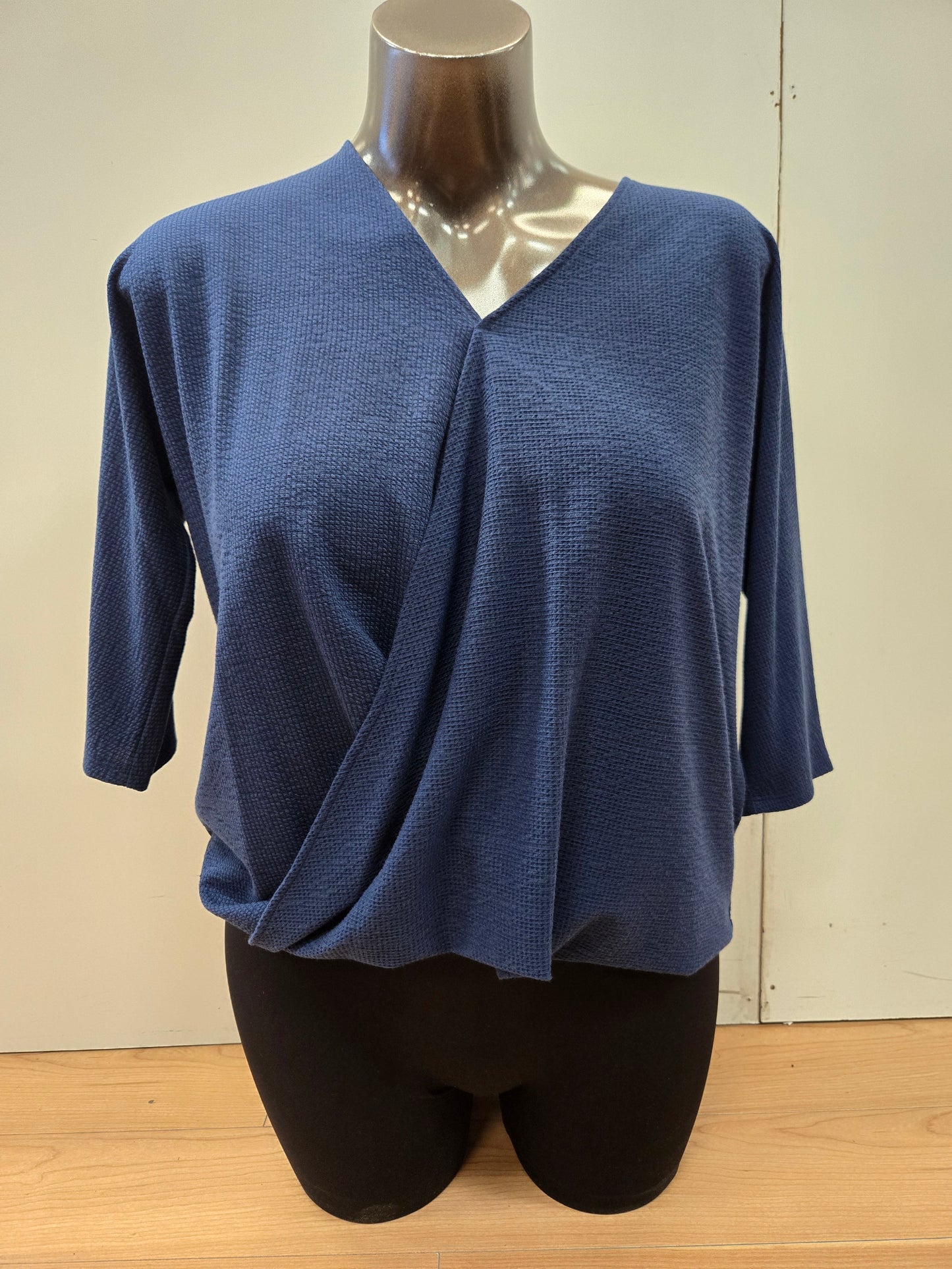 Blue Waffle Weave V-Neck Top by Pure Essence