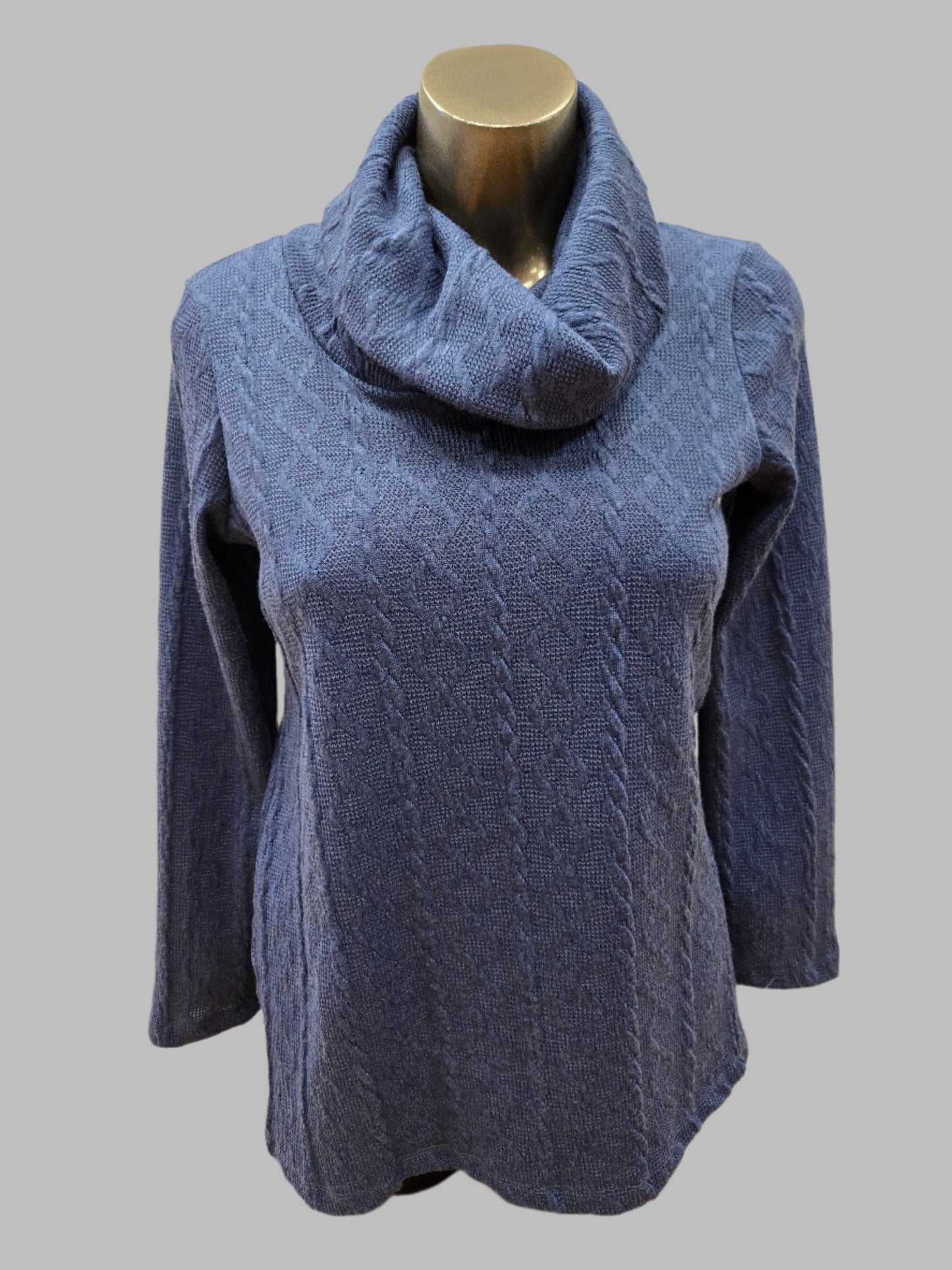 Denim Blue Cable Knit Cowlneck Tunic by Pure Essence