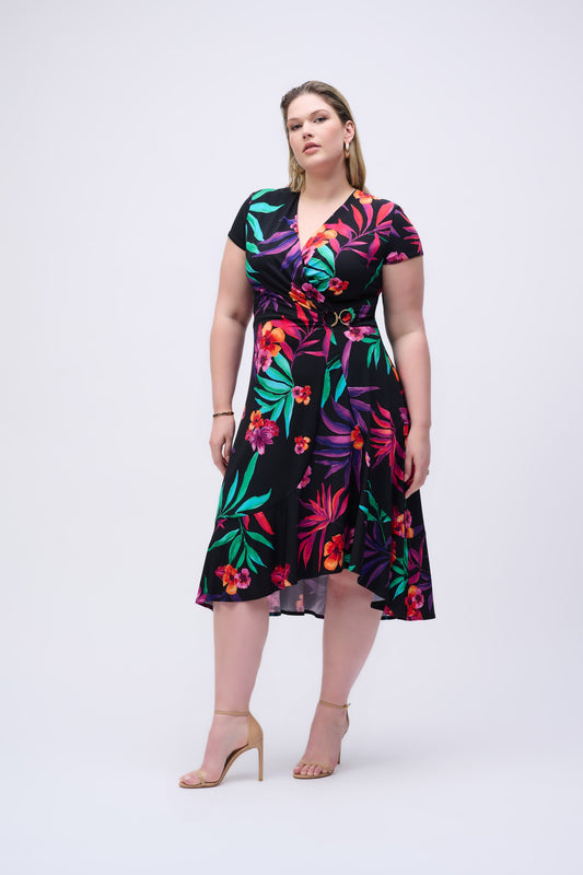 Silky Knit Tropical Print Wrap Dress