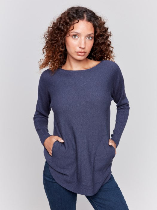 Knit Sweater with Back Lace-Up Detail in Denim by Charlie B