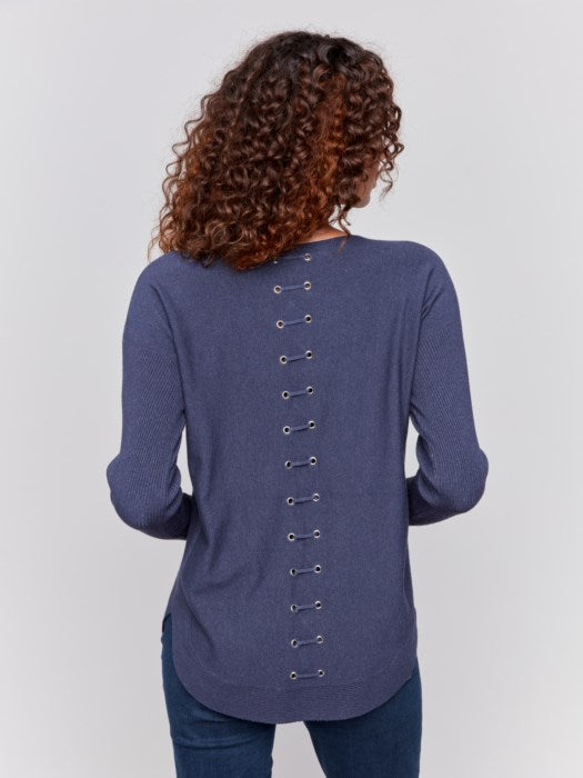 Knit Sweater with Back Lace-Up Detail in Denim by Charlie B