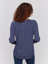 Load image into Gallery viewer, Knit Sweater with Back Lace-Up Detail in Denim by Charlie B
