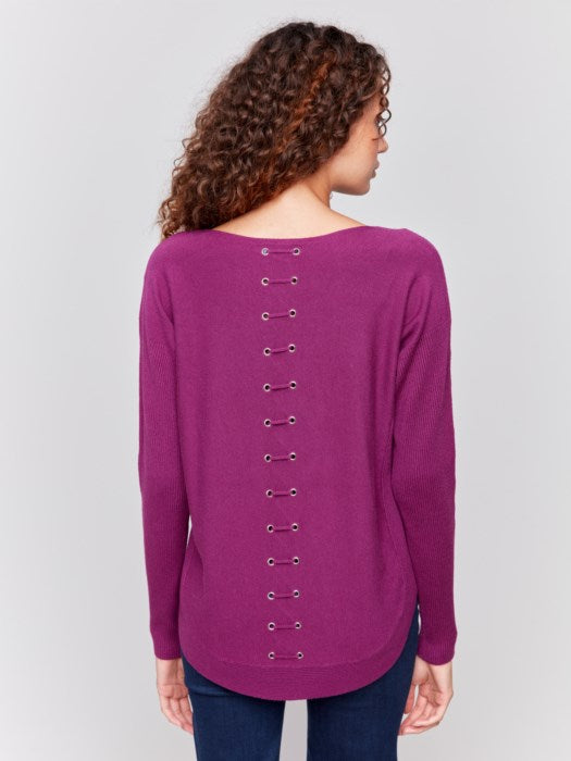 Knit Sweater with Back Lace-Up Detail in Mulberry by Charlie B