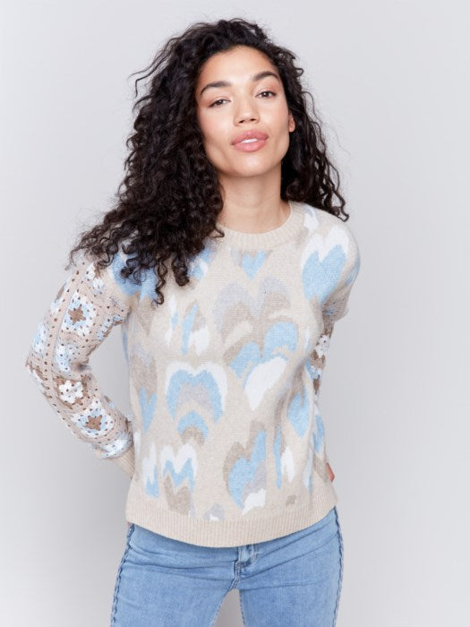 Jacquard Print Sweater with Crochet Sleeves by Charlie B