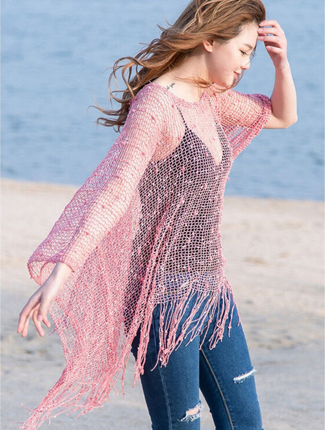 Loose Multi-Knit Top With Fringe in Coral