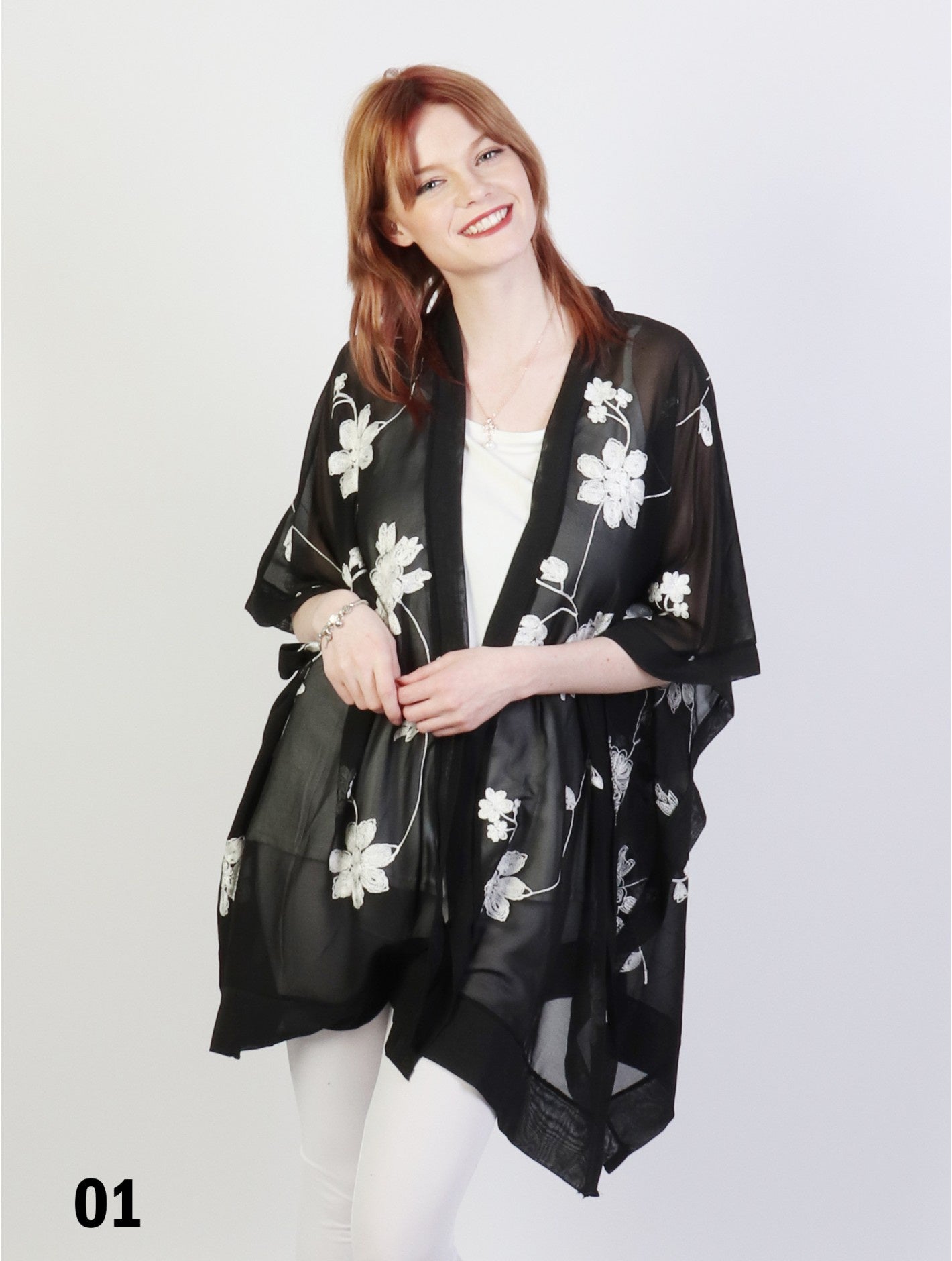 Black Embroidered Floral Kimono