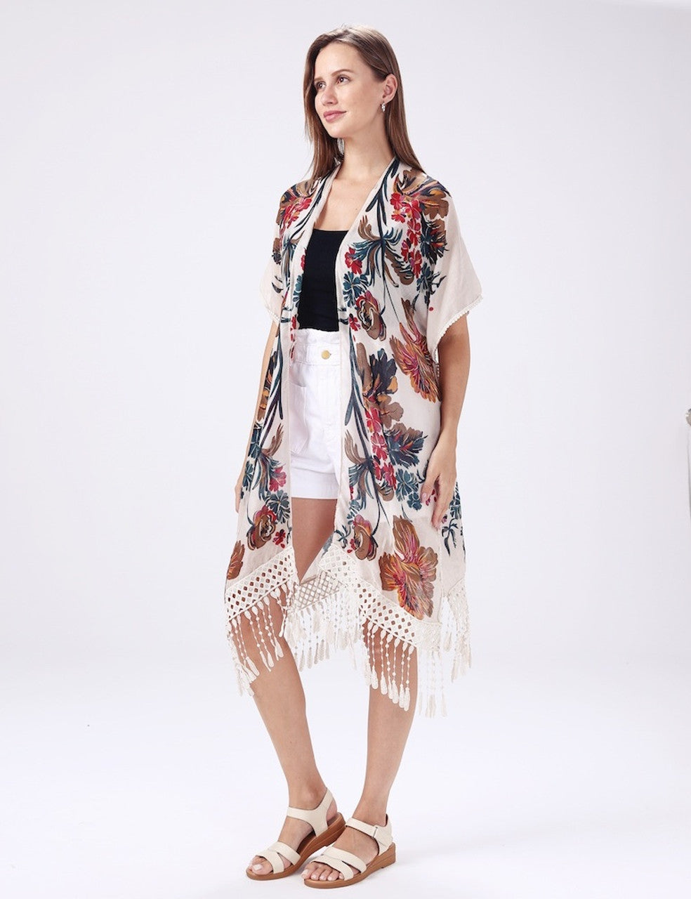 Cream Floral Kimono with Tassels