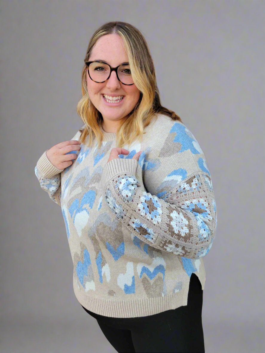 Jacquard Print Sweater with Crochet Sleeves by Charlie B