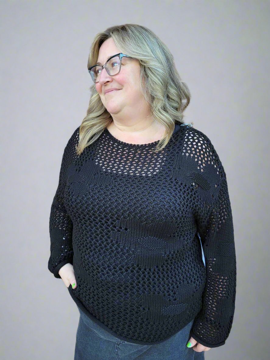 Black Floral Crochet Sweater by Dex (available in plus sizes)