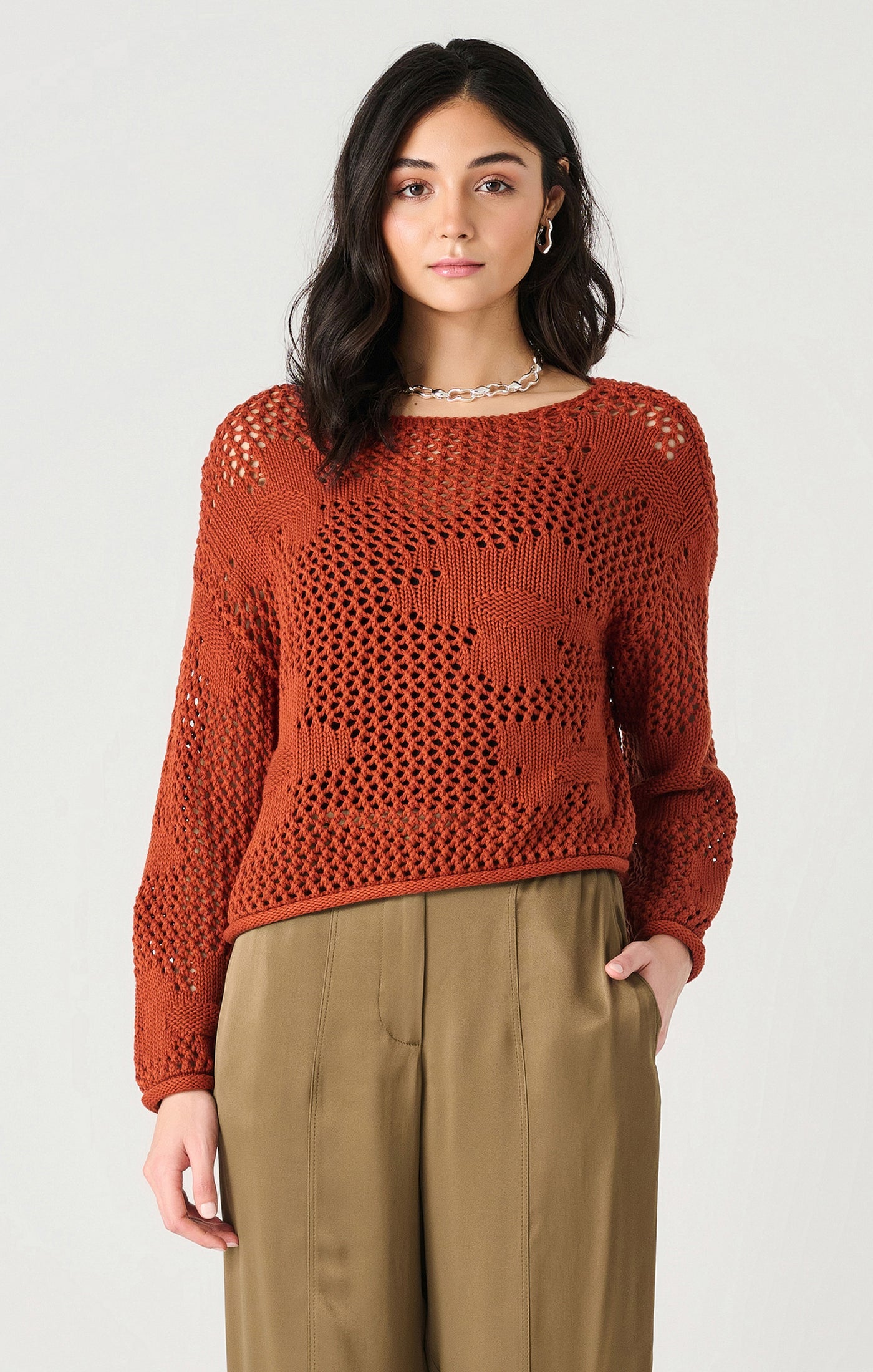 Burnt Orange Floral Crochet Sweater by Dex (available in plus sizes)