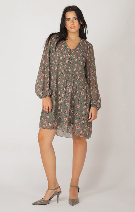 PLEATED FLORAL A-LINE DRESS by Dex (available in plus sizes)