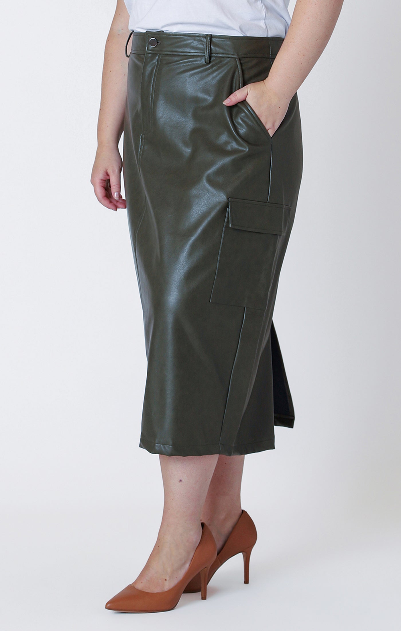 FAUX LEATHER CARGO MAXI SKIRT (available in plus sizes) by Dex