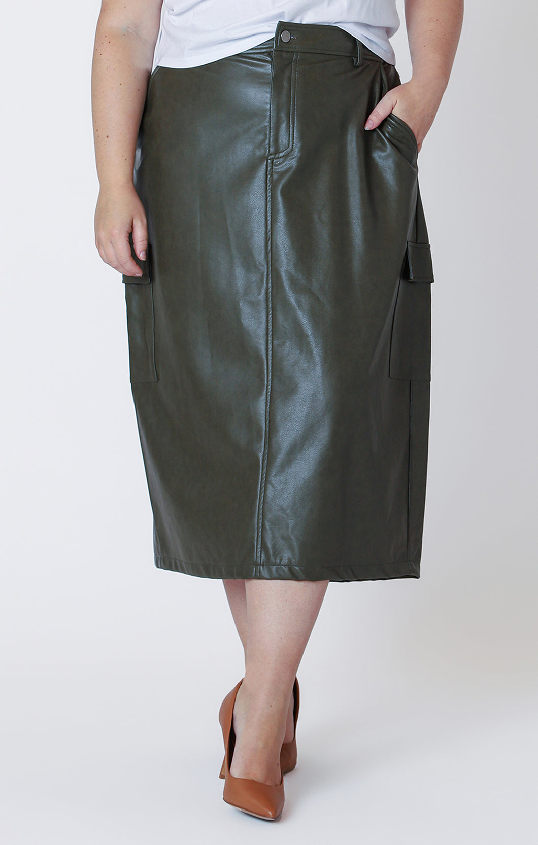 FAUX LEATHER CARGO MAXI SKIRT (available in plus sizes) by Dex